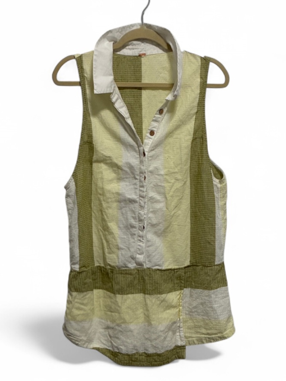 Free People Sleeveless Collared Button Neck Romper in Green Yellow and White
